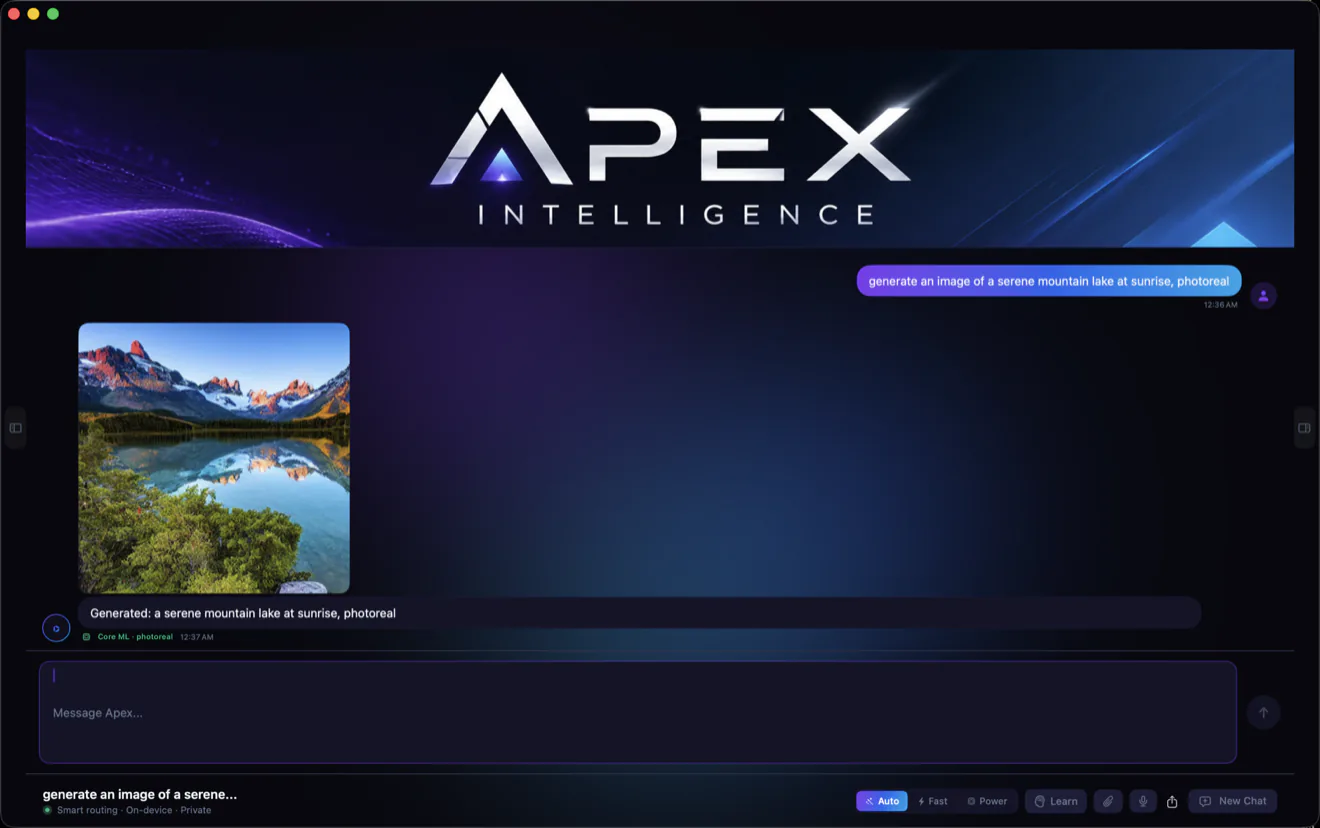 A photoreal image generated right in the Apex chat, on-device