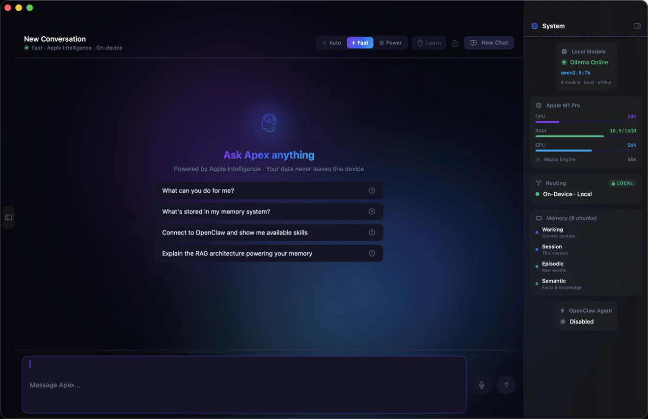 Apex home screen — the chat welcome view