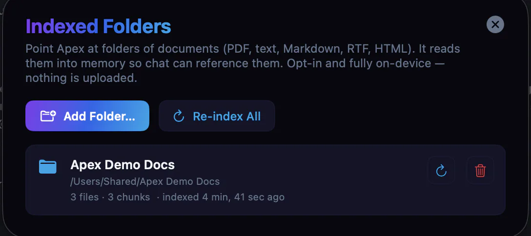 Indexed Folders — point Apex at folders of documents to read into memory