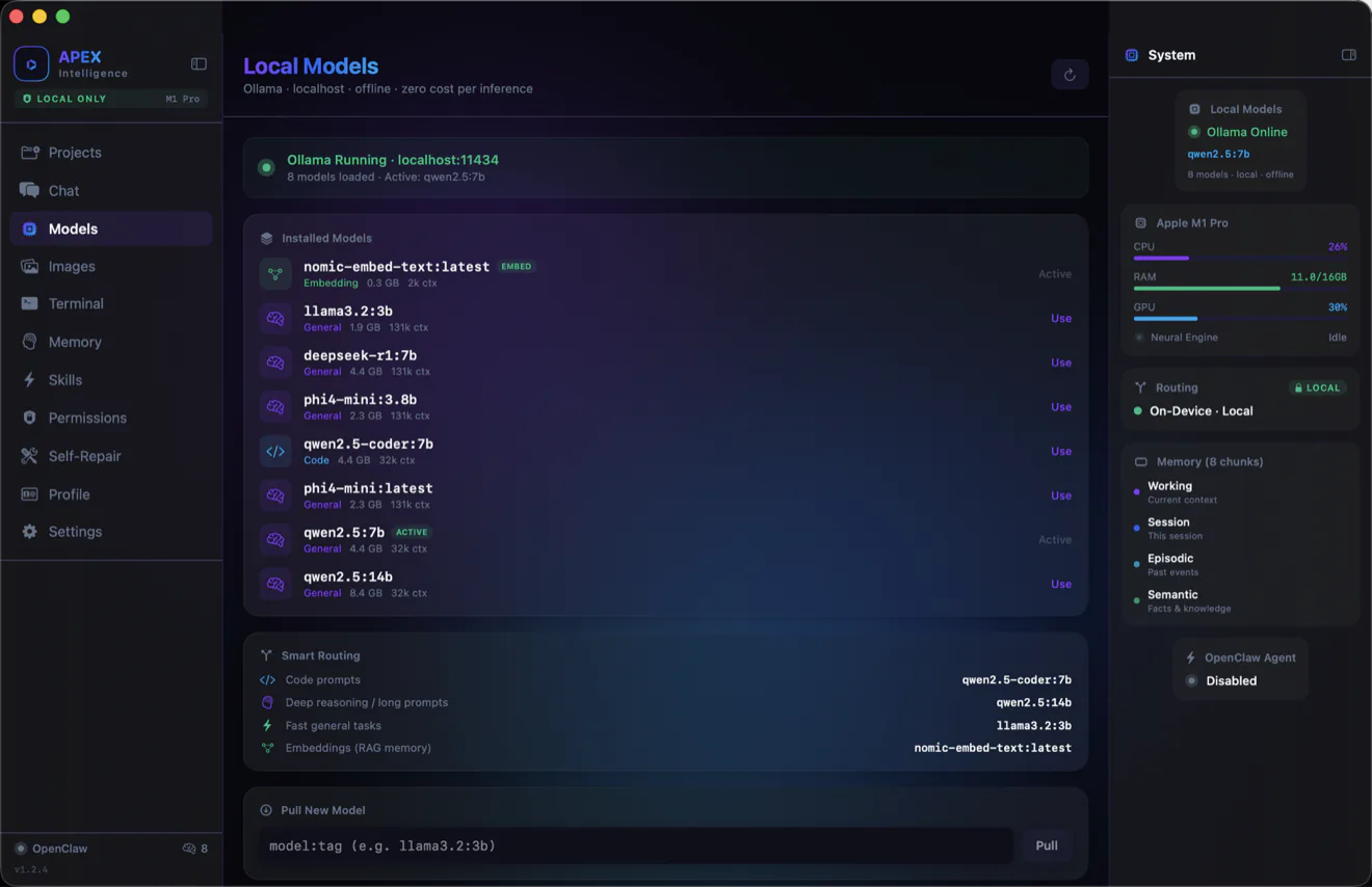 The Models screen — local AI engines